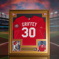 Ken Griffey Jr. Signed  Custom Framed Jersey Display with Media Only Pin & (2) Cloth Team Logo Patches (UDA) at PristineAuction.com
