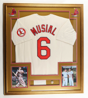 Stan Musial Signed Custom Framed Cut Display with Jersey & 1965 St. Louis Pin (JSA) at PristineAuction.com
