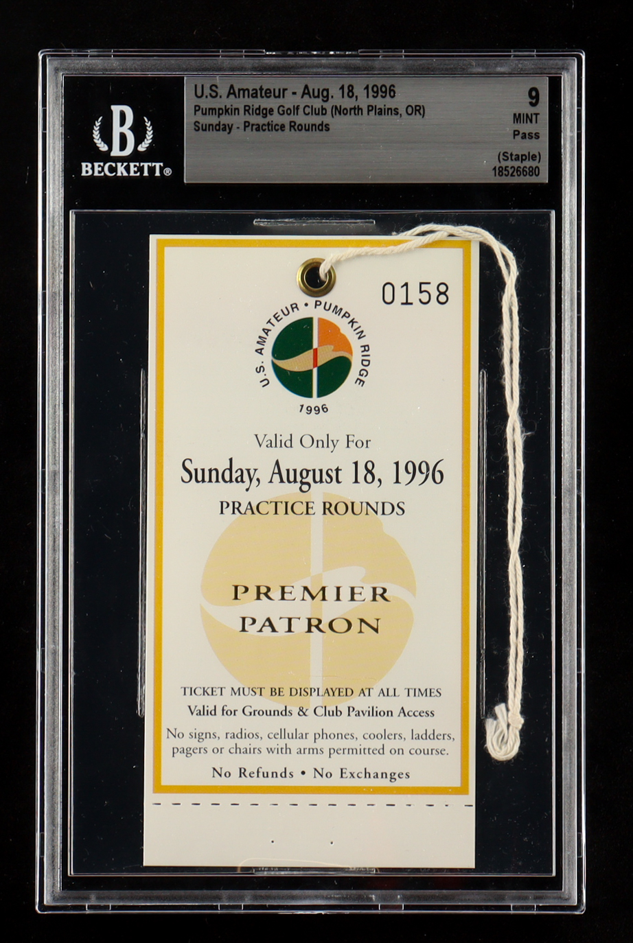 1996 U.S. Amateur Pumpkin Ridge Golf Club Ticket (BGS | Auto Grade 9) at PristineAuction.com 1996 U.S. Amateur Pumpkin Ridge Golf Club Ticket (BGS | Auto Grade 9) at PristineAuction.com