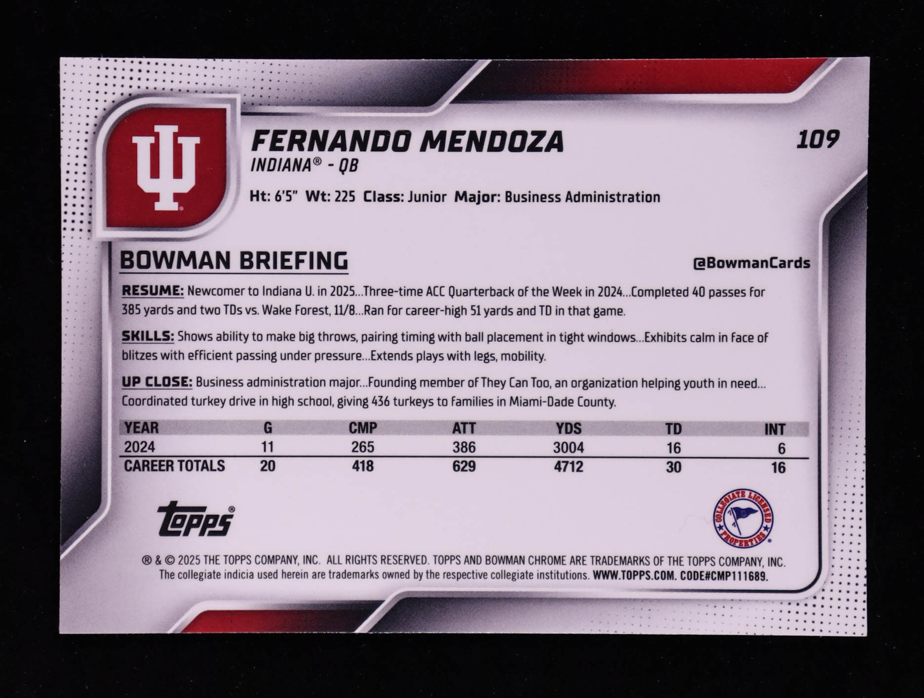 Fernando Mendoza 2025 Bowman Chrome University Pink Lava Refractors #109 RC at PristineAuction.com Fernando Mendoza 2025 Bowman Chrome University Pink Lava Refractors #109 RC at PristineAuction.com