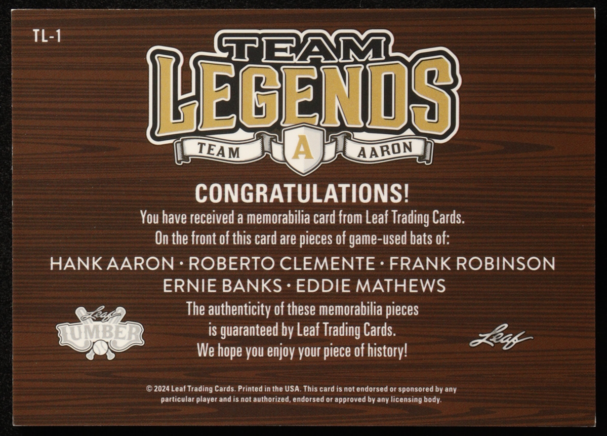 Aaron / Clemente / Robinson / Banks / Mathews 2024 Leaf Lumber Team Legends Bat Relics #TL1 #9/12 at PristineAuction.com Aaron / Clemente / Robinson / Banks / Mathews 2024 Leaf Lumber Team Legends Bat Relics #TL1 #9/12 at PristineAuction.com