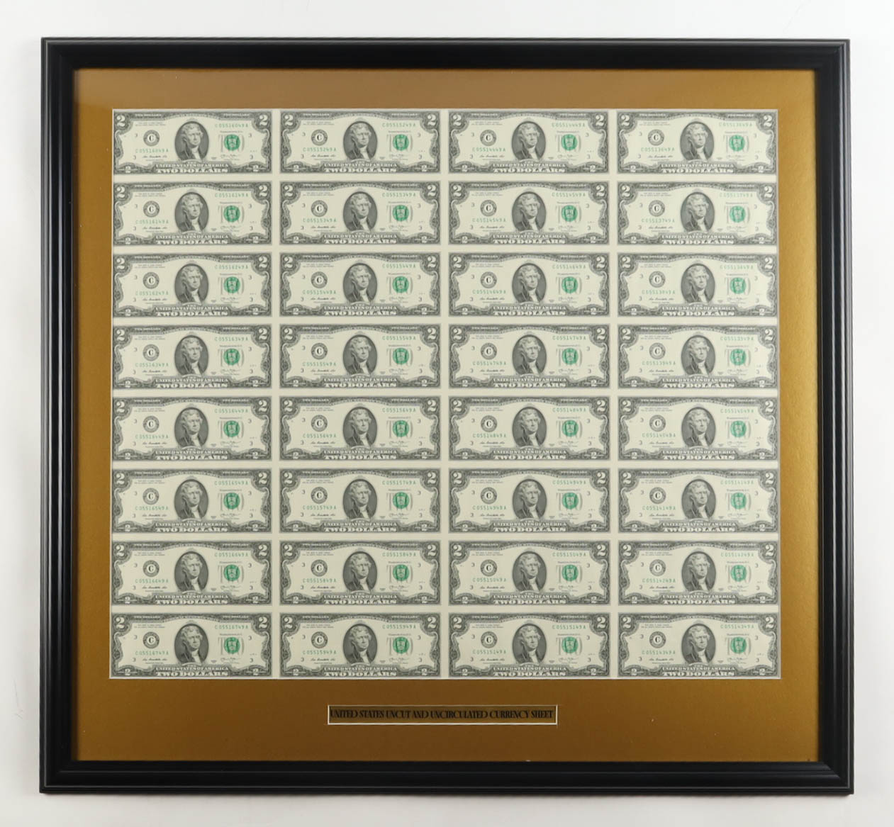 2013 U.S. $2 Dollar Bill Custom Framed Uncut Sheet Of (32) Bills at PristineAuction.com 2013 U.S. $2 Dollar Bill Custom Framed Uncut Sheet Of (32) Bills at PristineAuction.com