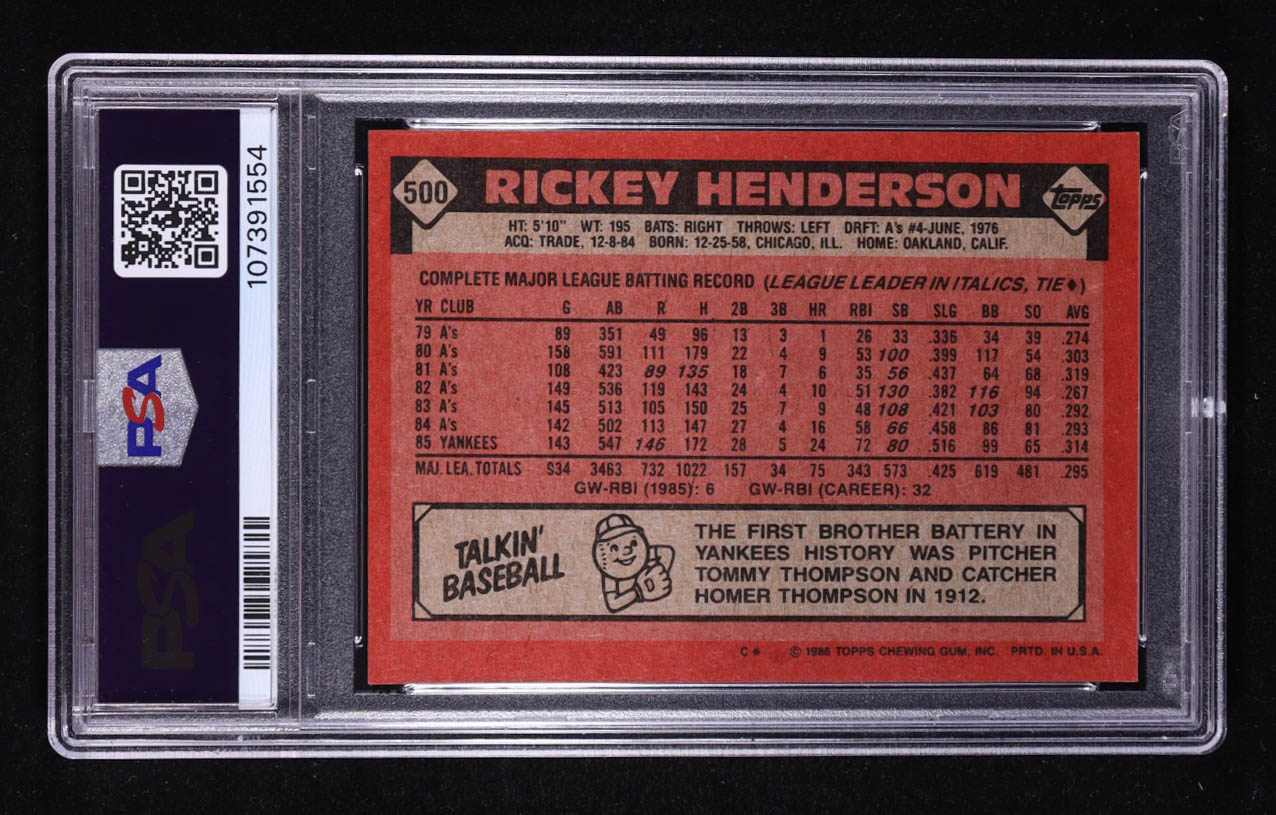 Rickey Henderson 1986 Topps #500 (PSA 8) at PristineAuction.com Rickey Henderson 1986 Topps #500 (PSA 8) at PristineAuction.com