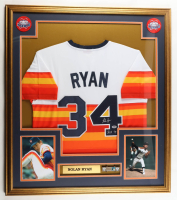 Nolan Ryan Signed Custom Framed Jersey Display Inscribed "HOF 99" with (2) Cloth Team Logo Patches & Bronze HOF Plaque (PSA) at PristineAuction.com