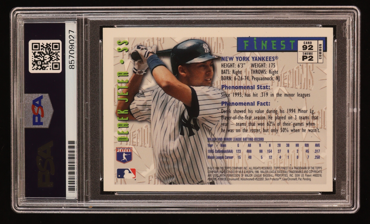 Derek Jeter Signed 1996 Topps Finest Phenoms #92 RC (PSA | Autograph Graded PSA 10) at PristineAuction.com Derek Jeter Signed 1996 Topps Finest Phenoms #92 RC (PSA | Autograph Graded PSA 10) at PristineAuction.com