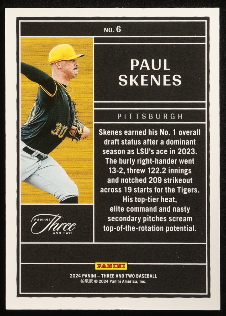 Paul Skenes 2024 Panini Three and Two Draft Class Holo Gold #6 #02/10 RC at PristineAuction.com Paul Skenes 2024 Panini Three and Two Draft Class Holo Gold #6 #02/10 RC at PristineAuction.com