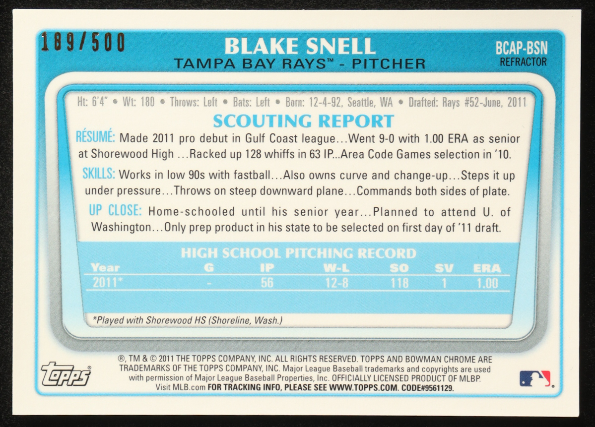 Blake Snell 2011 Bowman Chrome Draft Prospect Autographs Refractors #BSN #189/500 RC at PristineAuction.com Blake Snell 2011 Bowman Chrome Draft Prospect Autographs Refractors #BSN #189/500 RC at PristineAuction.com