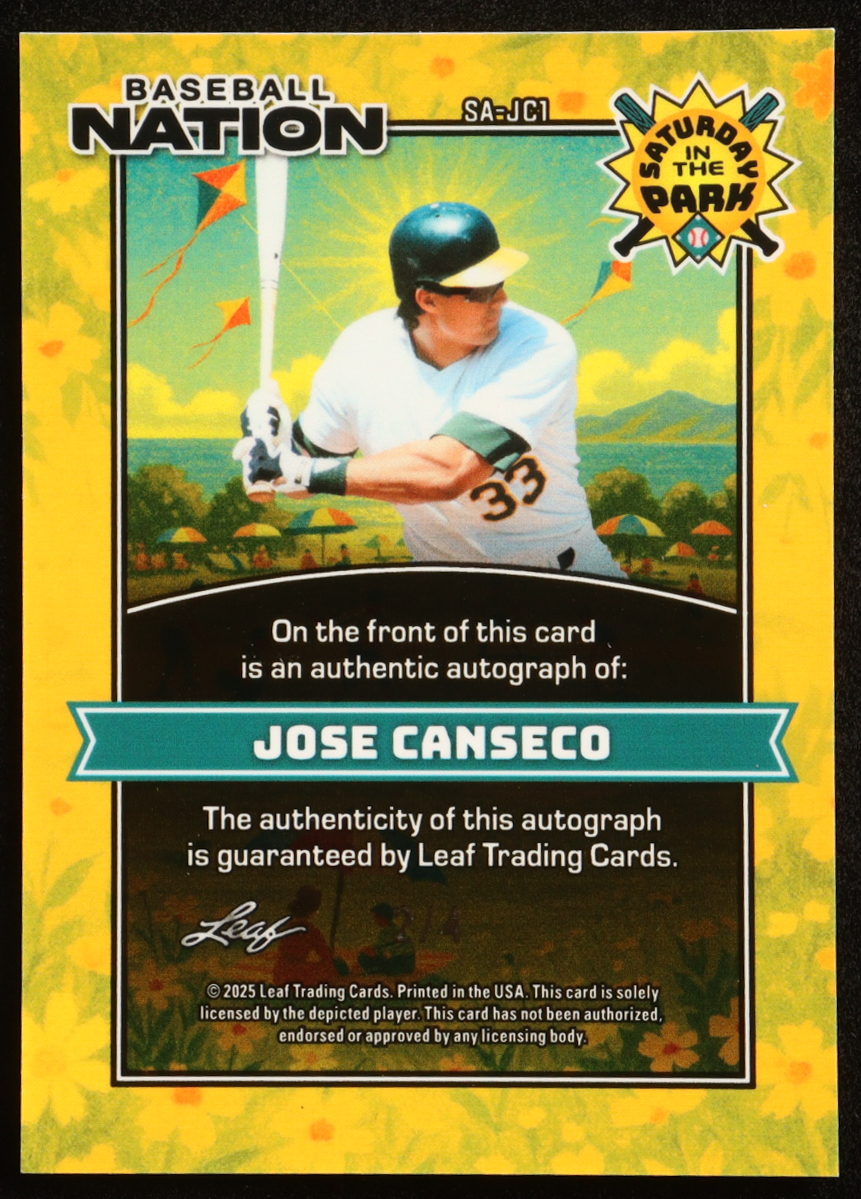 Jose Canseco 2025 Leaf Baseball Nation Saturday In The Park Autographs Orange Shimmer #SAJC1 #2/4 at PristineAuction.com Jose Canseco 2025 Leaf Baseball Nation Saturday In The Park Autographs Orange Shimmer #SAJC1 #2/4 at PristineAuction.com
