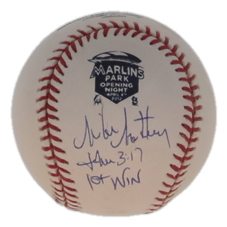 Mike Matheny Signed OML 2012 Marlins Opening Night Logo Baseball Inscribed "1st Win" (JSA & USA SM) at PristineAuction.com Mike Matheny Signed OML 2012 Marlins Opening Night Logo Baseball Inscribed "1st Win" (JSA & USA SM) at PristineAuction.com