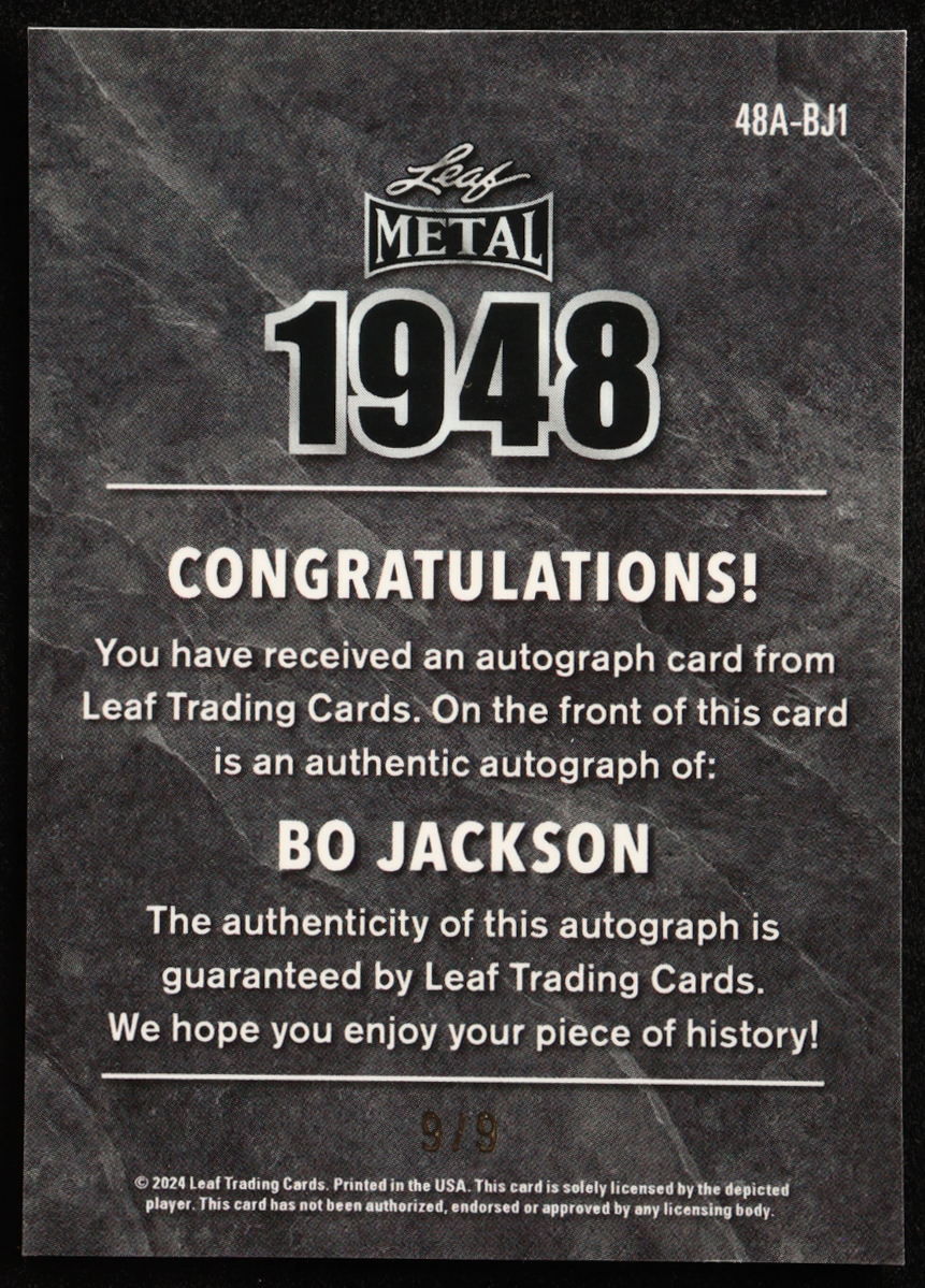 Bo Jackson 2025 Leaf Collective '48 Leaf Autographs Shimmer Orange #48ABJ1 #9/9 at PristineAuction.com Bo Jackson 2025 Leaf Collective '48 Leaf Autographs Shimmer Orange #48ABJ1 #9/9 at PristineAuction.com
