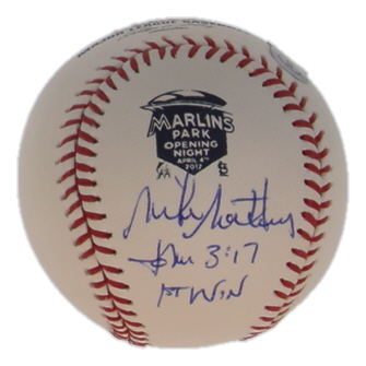 Mike Matheny Signed OML 2012 Marlins Opening Night Logo Baseball Inscribed "1st Win" (JSA & USA SM) at PristineAuction.com Mike Matheny Signed OML 2012 Marlins Opening Night Logo Baseball Inscribed "1st Win" (JSA & USA SM) at PristineAuction.com