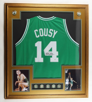 Bob Cousy Signed Custom Framed Jersey Display With (2) Celtics Emblem & (5) Celtics Championship Pins (JSA) at PristineAuction.com