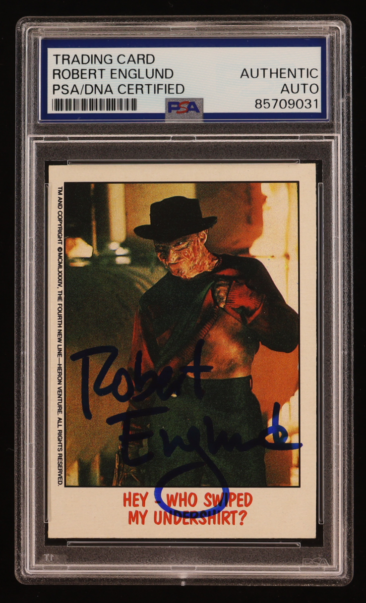 Robert Englund Signed Topps Hey Who Swiped My Undershirt? A Nightmare On Elm Street #18 (PSA) at PristineAuction.com Robert Englund Signed Topps Hey Who Swiped My Undershirt? A Nightmare On Elm Street #18 (PSA) at PristineAuction.com