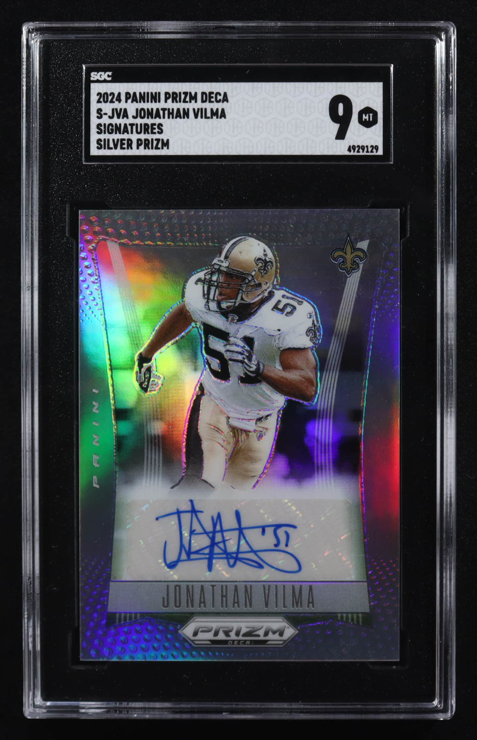 Jonathan Vilma 2024 Panini Prizm Deca Signatures Silver Prizm #S-JVA (SGC 9) at PristineAuction.com Jonathan Vilma 2024 Panini Prizm Deca Signatures Silver Prizm #S-JVA (SGC 9) at PristineAuction.com
