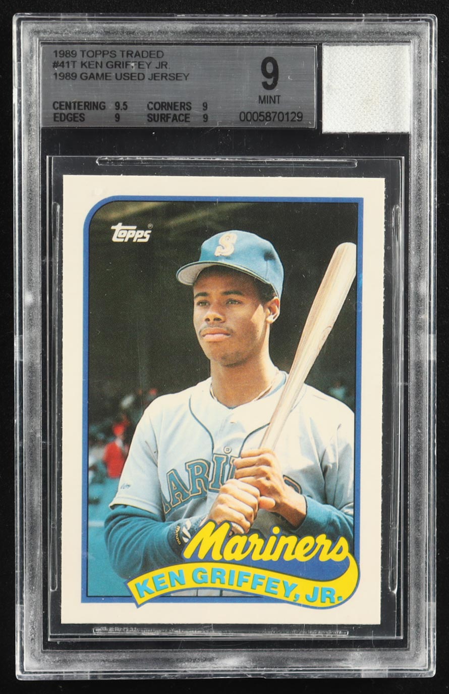 Ken Griffey Jr. 1989 Topps Traded #41T RC With Game-Used Jersey Piece (BGS 9) at PristineAuction.com Ken Griffey Jr. 1989 Topps Traded #41T RC With Game-Used Jersey Piece (BGS 9) at PristineAuction.com