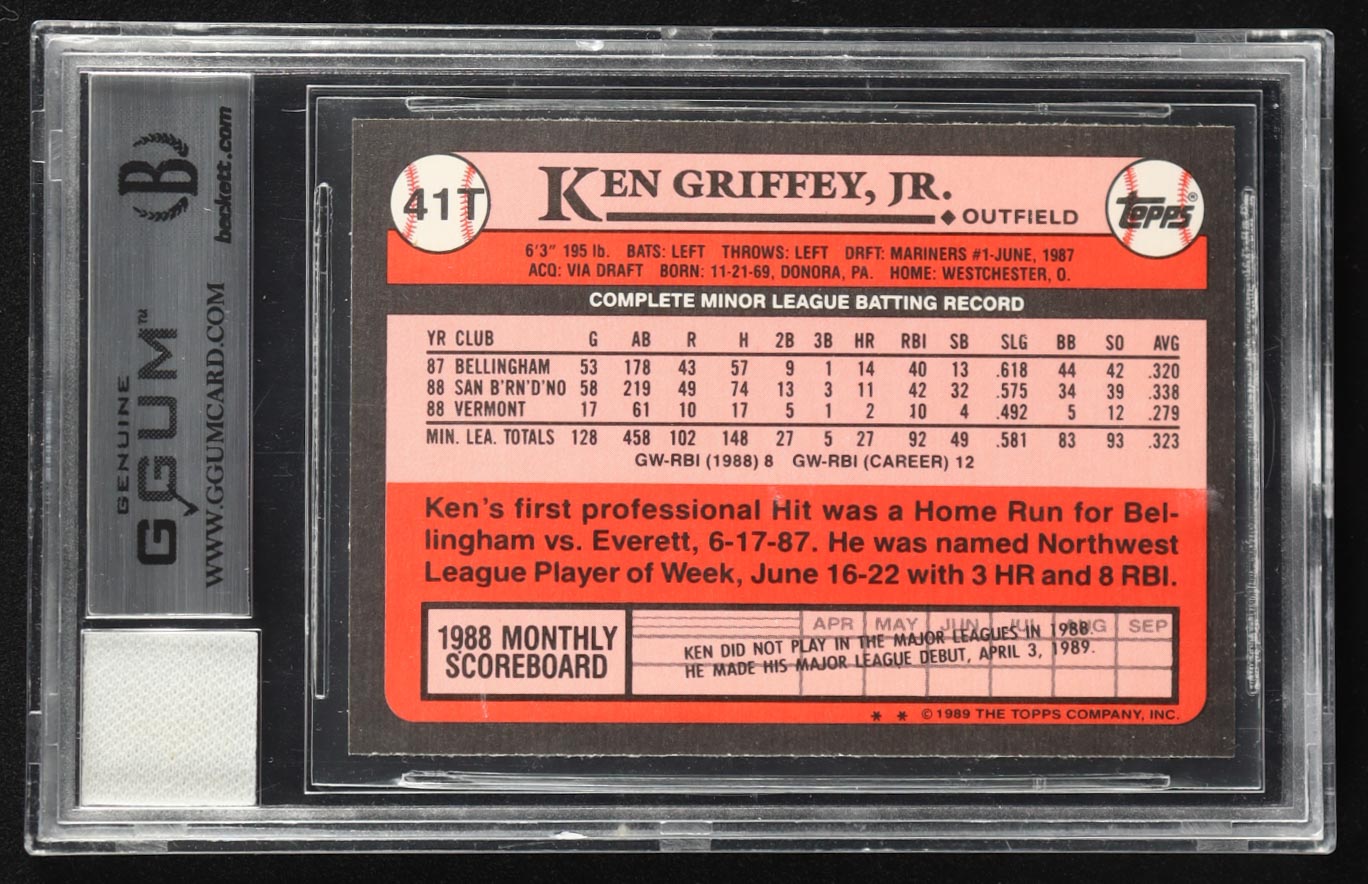 Ken Griffey Jr. 1989 Topps Traded #41T RC With Game-Used Jersey Piece (BGS 9) at PristineAuction.com Ken Griffey Jr. 1989 Topps Traded #41T RC With Game-Used Jersey Piece (BGS 9) at PristineAuction.com