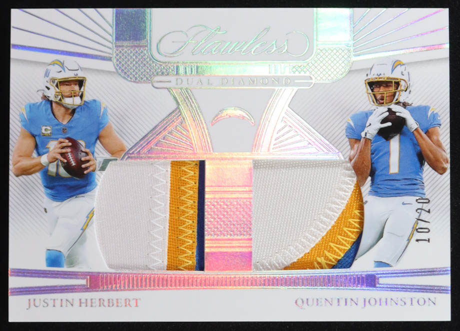 Justin Herbert / Quentin Johnston 2024 Panini Flawless Dual Diamond Memorabilia Silver #11 #10/20 at PristineAuction.com Justin Herbert / Quentin Johnston 2024 Panini Flawless Dual Diamond Memorabilia Silver #11 #10/20 at PristineAuction.com