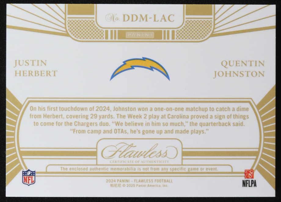 Justin Herbert / Quentin Johnston 2024 Panini Flawless Dual Diamond Memorabilia Silver #11 #10/20 at PristineAuction.com Justin Herbert / Quentin Johnston 2024 Panini Flawless Dual Diamond Memorabilia Silver #11 #10/20 at PristineAuction.com
