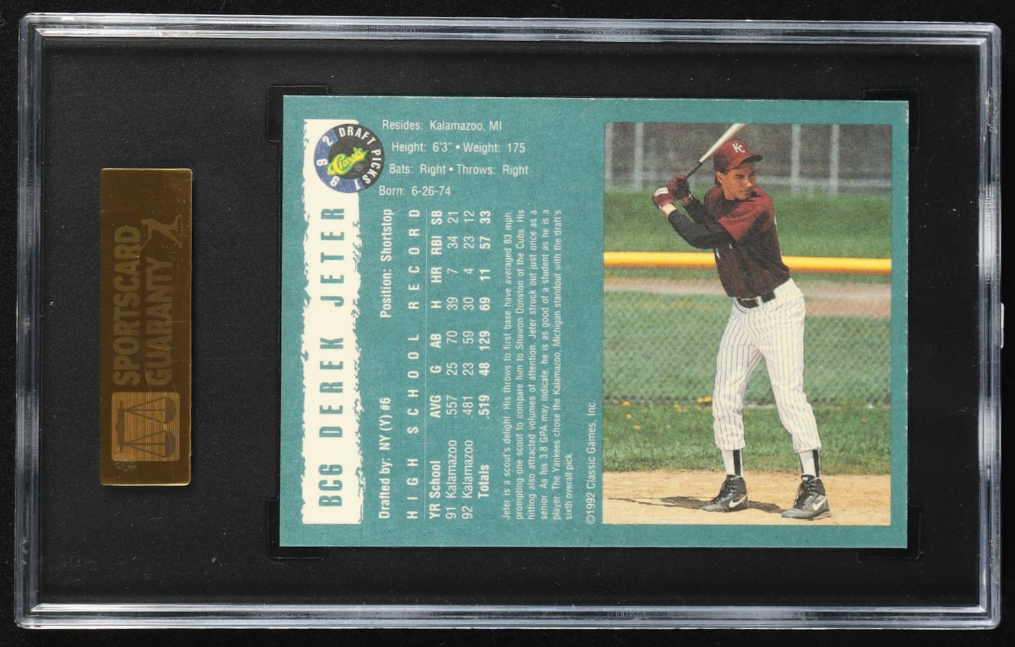 Derek Jeter 1992 Classic Draft Picks Foil Bonus #BC6 RC (SGC 9) at PristineAuction.com Derek Jeter 1992 Classic Draft Picks Foil Bonus #BC6 RC (SGC 9) at PristineAuction.com