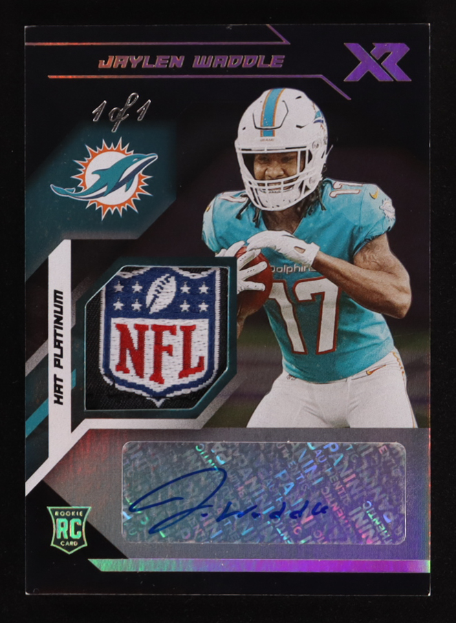 Jaylen Waddle 2021 Panini XR Rookie Swatch Autographs Hat Platinum #6 #1/1 RC at PristineAuction.com Jaylen Waddle 2021 Panini XR Rookie Swatch Autographs Hat Platinum #6 #1/1 RC at PristineAuction.com