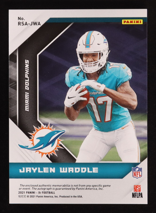 Jaylen Waddle 2021 Panini XR Rookie Swatch Autographs Hat Platinum #6 #1/1 RC at PristineAuction.com Jaylen Waddle 2021 Panini XR Rookie Swatch Autographs Hat Platinum #6 #1/1 RC at PristineAuction.com