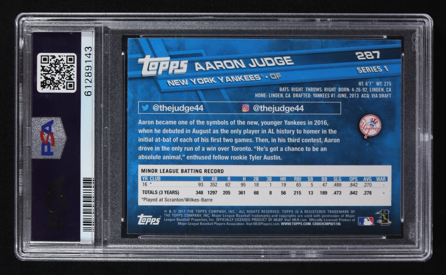 Aaron Judge 2017 Topps Catching #287 RC (PSA 9) at PristineAuction.com Aaron Judge 2017 Topps Catching #287 RC (PSA 9) at PristineAuction.com