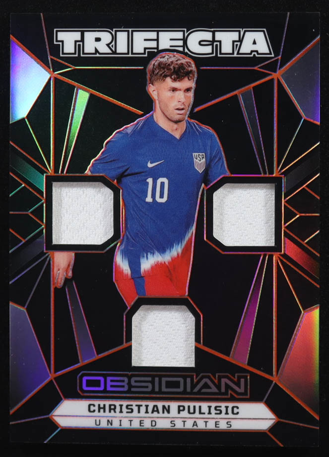 Christian Pulisic 2024-25 Panini Obsidian Trifecta Material Electric Etch Orange #19 #84/99 at PristineAuction.com Christian Pulisic 2024-25 Panini Obsidian Trifecta Material Electric Etch Orange #19 #84/99 at PristineAuction.com