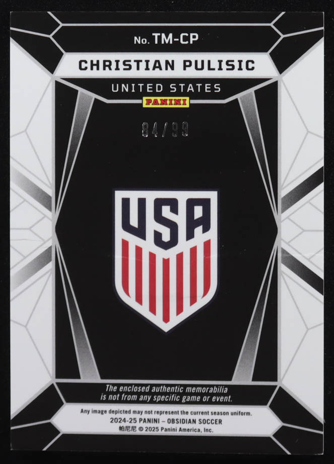 Christian Pulisic 2024-25 Panini Obsidian Trifecta Material Electric Etch Orange #19 #84/99 at PristineAuction.com Christian Pulisic 2024-25 Panini Obsidian Trifecta Material Electric Etch Orange #19 #84/99 at PristineAuction.com