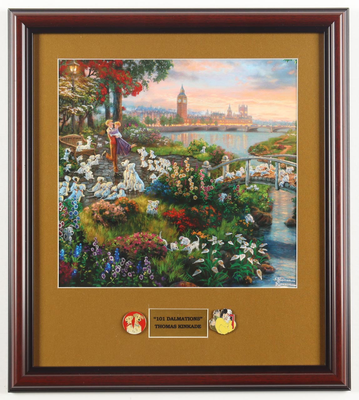 Thomas Kinkade Walt Disney's "101 Dalmatians" Custom Framed Print Display with (2) Retired Movie Pins at PristineAuction.com Thomas Kinkade Walt Disney's "101 Dalmatians" Custom Framed Print Display with (2) Retired Movie Pins at PristineAuction.com