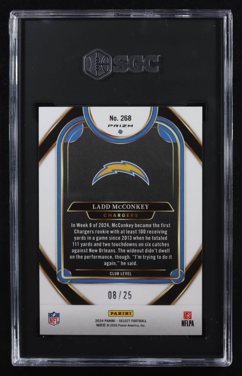 Ladd Mcconkey 2024 Panini Select Tie-Dye Prizm #268 RC #8/25 (SGC 9.5) at PristineAuction.com Ladd Mcconkey 2024 Panini Select Tie-Dye Prizm #268 RC #8/25 (SGC 9.5) at PristineAuction.com