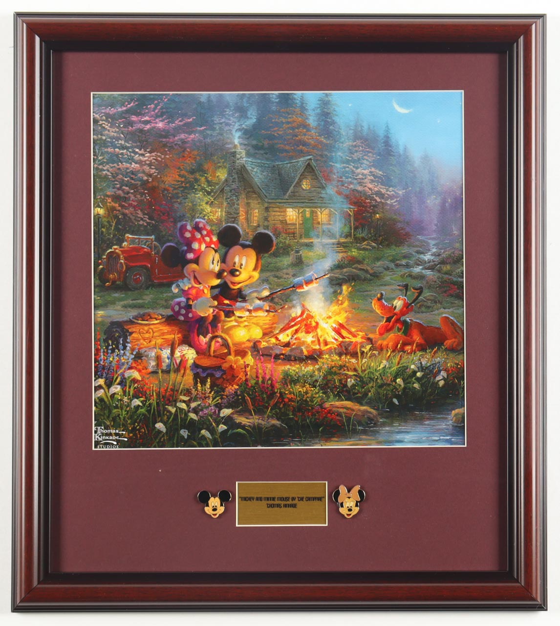 Thomas Kinkade "Mickey & Minnie Mouse by the Campfire" Custom Framed Print Display with (2) Mickey & Minnie Pins at PristineAuction.com Thomas Kinkade "Mickey & Minnie Mouse by the Campfire" Custom Framed Print Display with (2) Mickey & Minnie Pins at PristineAuction.com