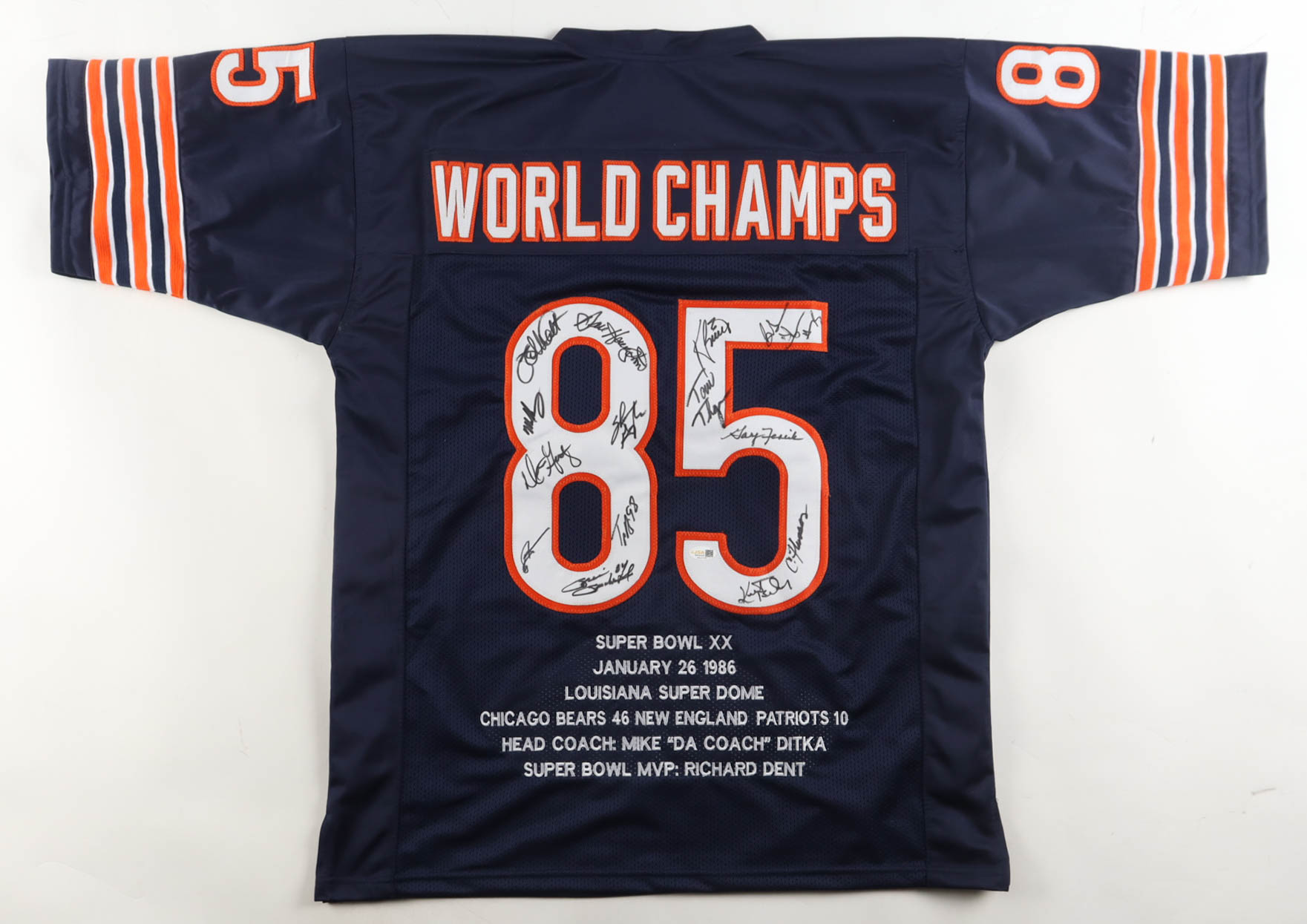 1985 Bears World Champions Highlights Jersey Team-Signed by (14) with Mike Singletary, Willlie Gault, Shaun Gayle, Stefan Humphries (JSA) at PristineAuction.com 1985 Bears World Champions Highlights Jersey Team-Signed by (14) with Mike Singletary, Willlie Gault, Shaun Gayle, Stefan Humphries (JSA) at PristineAuction.com