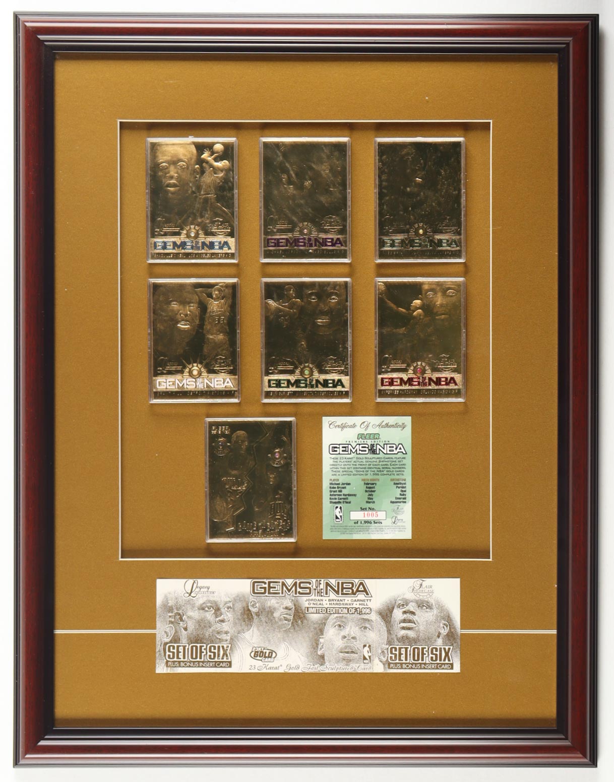 1988 "Gems of the NBA" Custom Framed 23k Gold Card Display with (7) Shaquille O'Neal, Michael Jordan, Kobe Bryant, Grant Hill at PristineAuction.com 1988 "Gems of the NBA" Custom Framed 23k Gold Card Display with (7) Shaquille O'Neal, Michael Jordan, Kobe Bryant, Grant Hill at PristineAuction.com