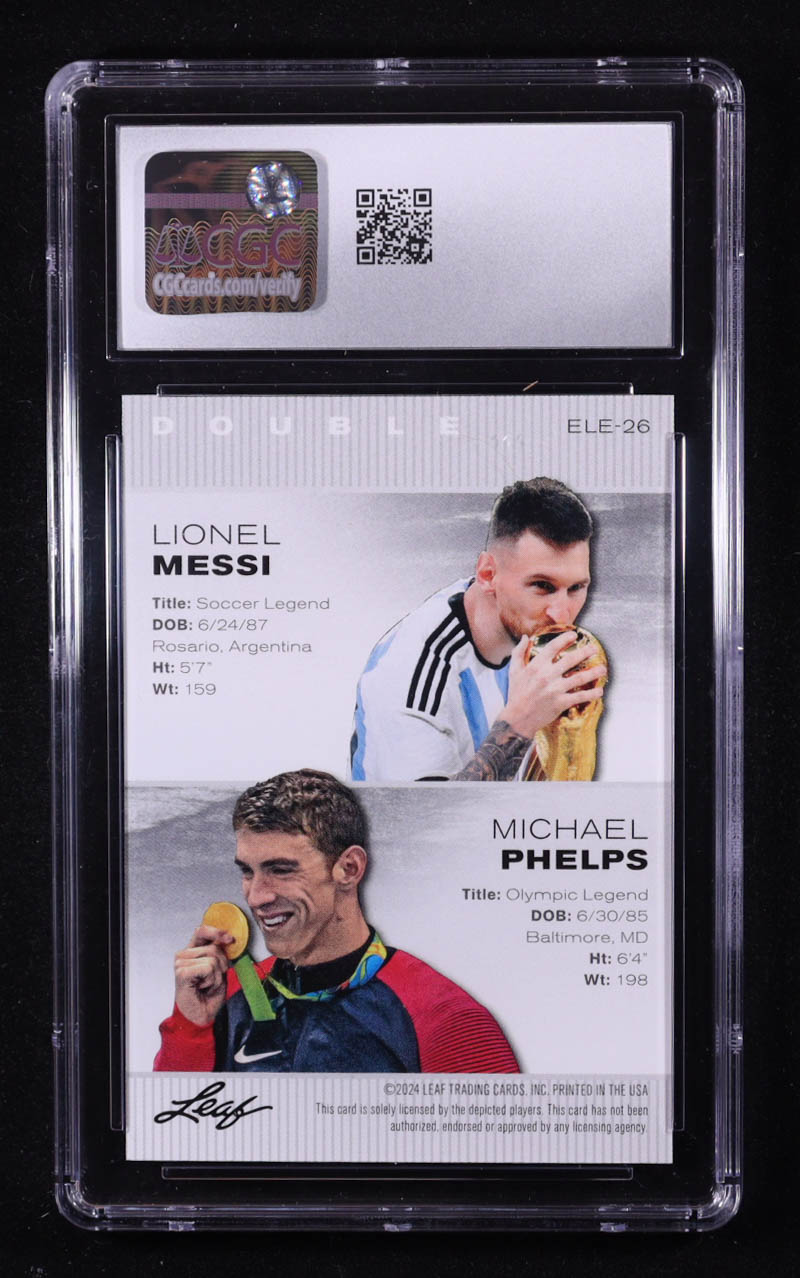 Lionel Messi / Michael Phelps 2024 Leaf Metal Special Release Exclusive Legends Edition #ELE26 (CGC 10) at PristineAuction.com Lionel Messi / Michael Phelps 2024 Leaf Metal Special Release Exclusive Legends Edition #ELE26 (CGC 10) at PristineAuction.com