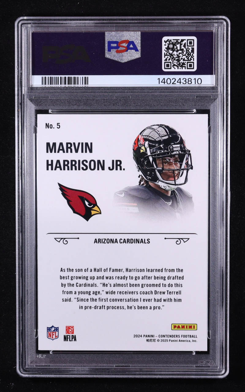 Marvin Harrison Jr. 2024 Panini Contenders Rookie Stallions #5 RC (PSA 10) at PristineAuction.com Marvin Harrison Jr. 2024 Panini Contenders Rookie Stallions #5 RC (PSA 10) at PristineAuction.com