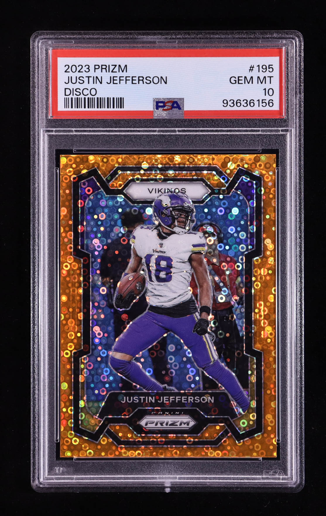 Justin Jefferson 2023 Panini Prizm Prizms Orange Disco #195 (PSA 10) at PristineAuction.com Justin Jefferson 2023 Panini Prizm Prizms Orange Disco #195 (PSA 10) at PristineAuction.com