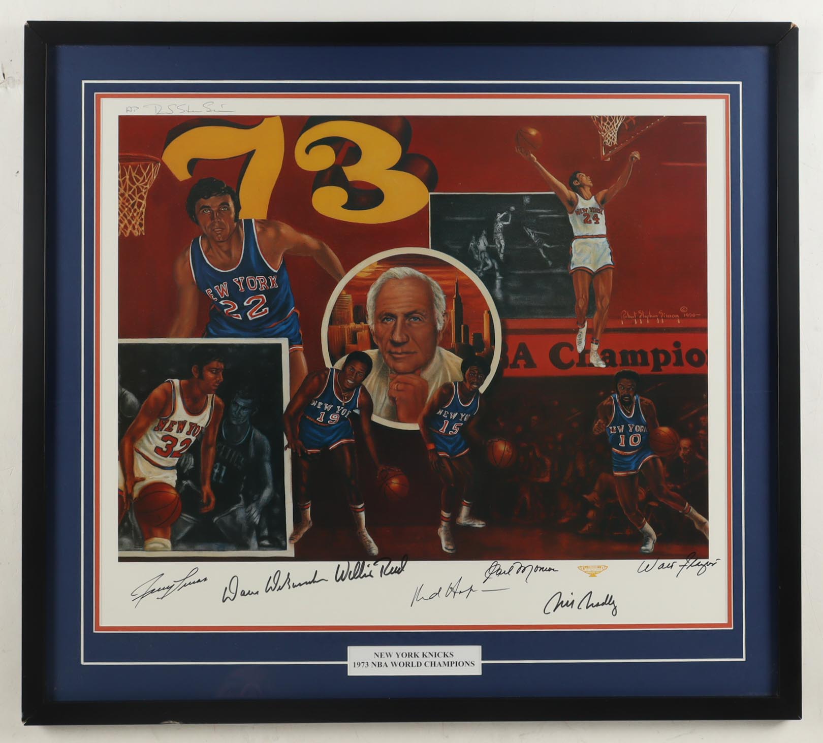 1973 Knicks NBA Champions Custom Framed Lithograph Display Signed by (7) with Walt Frazier, Earl Monroe, Willis Reed, Bill Bradley (JSA) at PristineAuction.com 1973 Knicks NBA Champions Custom Framed Lithograph Display Signed by (7) with Walt Frazier, Earl Monroe, Willis Reed, Bill Bradley (JSA) at PristineAuction.com