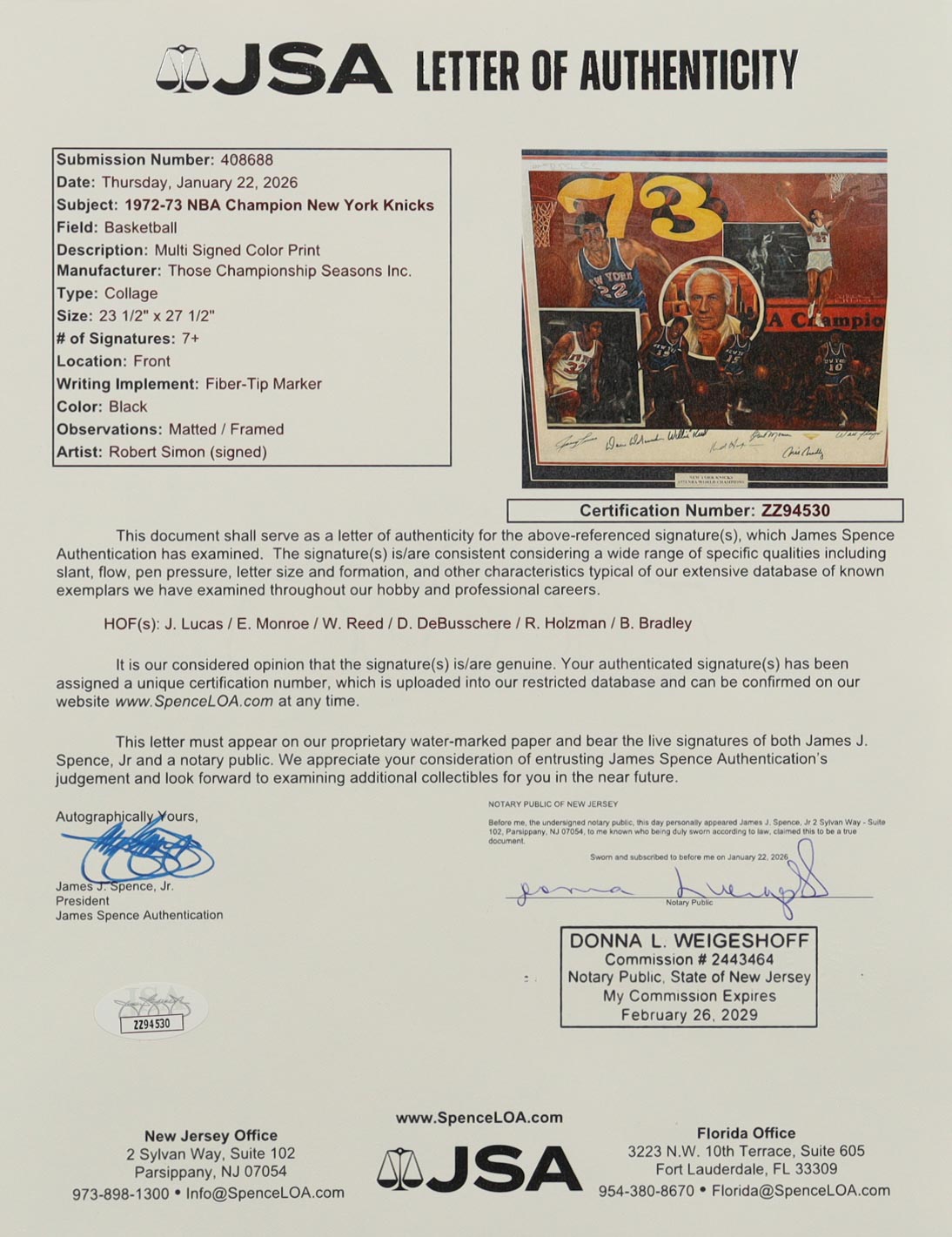 1973 Knicks NBA Champions Custom Framed Lithograph Display Signed by (7) with Walt Frazier, Earl Monroe, Willis Reed, Bill Bradley (JSA) at PristineAuction.com 1973 Knicks NBA Champions Custom Framed Lithograph Display Signed by (7) with Walt Frazier, Earl Monroe, Willis Reed, Bill Bradley (JSA) at PristineAuction.com