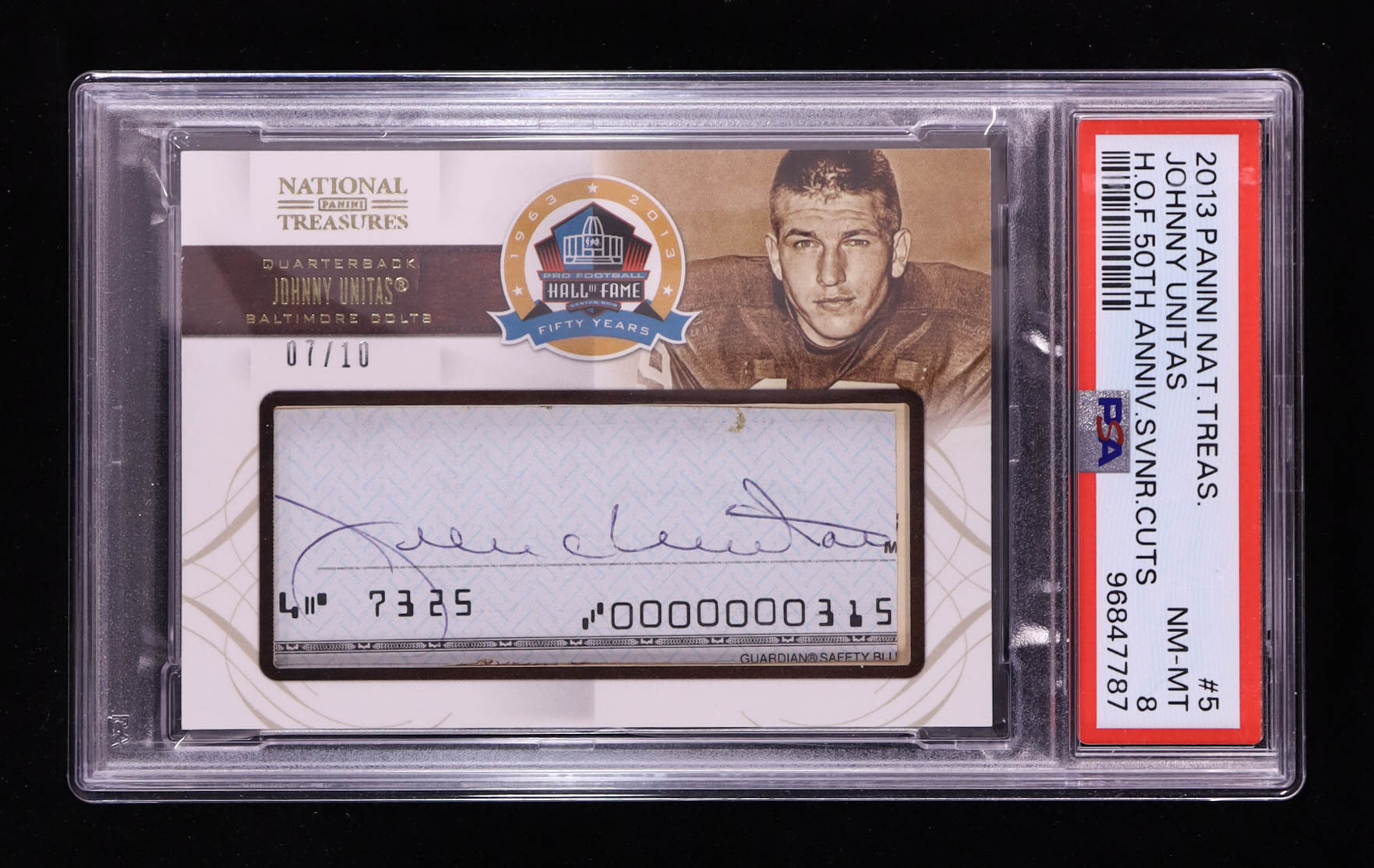 Johnny Unitas 2013 Panini National Treasures Hall of Fame 50th Anniversary Souvenir Cuts #5 #07/10 (PSA 8) at PristineAuction.com Johnny Unitas 2013 Panini National Treasures Hall of Fame 50th Anniversary Souvenir Cuts #5 #07/10 (PSA 8) at PristineAuction.com