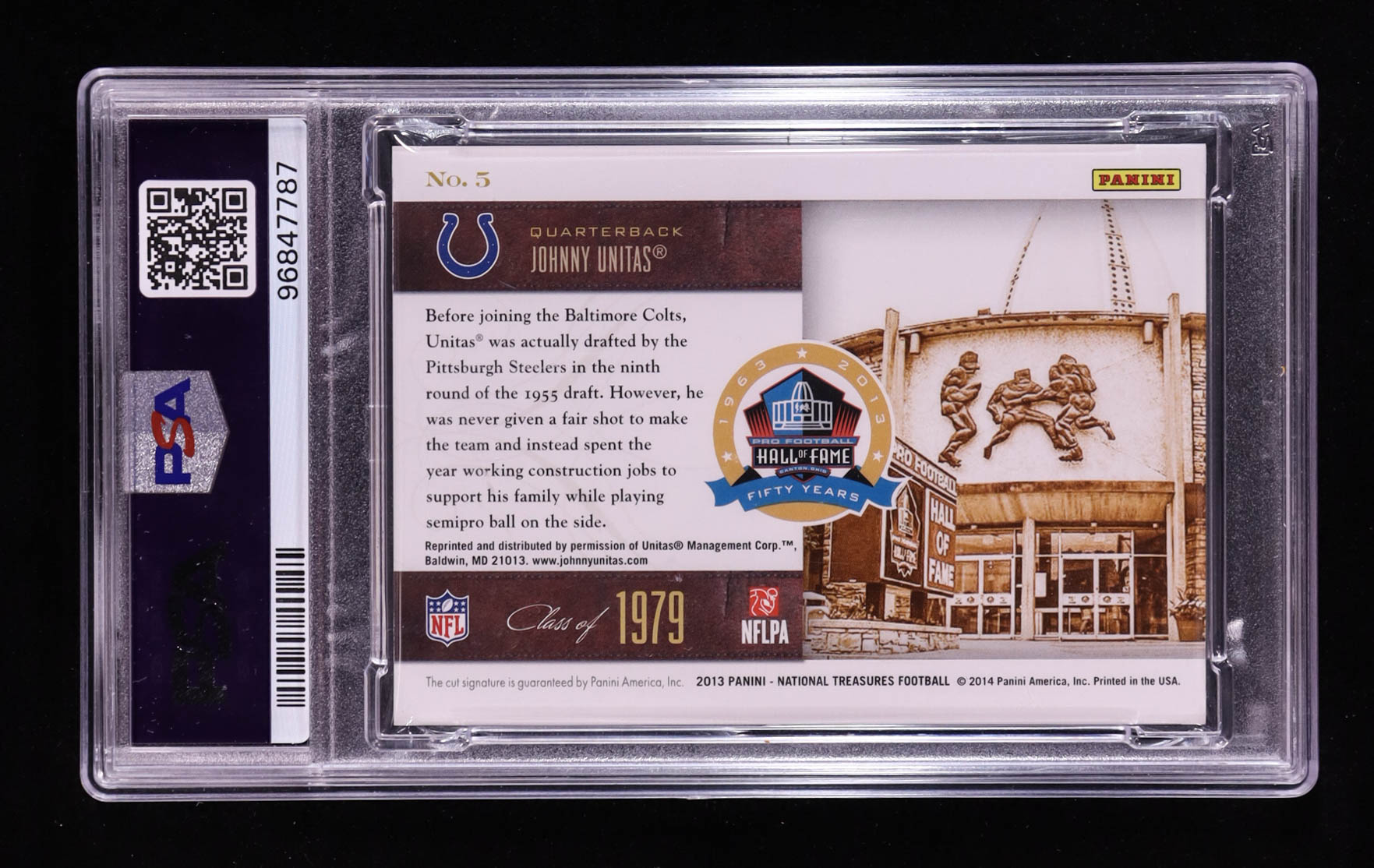 Johnny Unitas 2013 Panini National Treasures Hall of Fame 50th Anniversary Souvenir Cuts #5 #07/10 (PSA 8) at PristineAuction.com Johnny Unitas 2013 Panini National Treasures Hall of Fame 50th Anniversary Souvenir Cuts #5 #07/10 (PSA 8) at PristineAuction.com