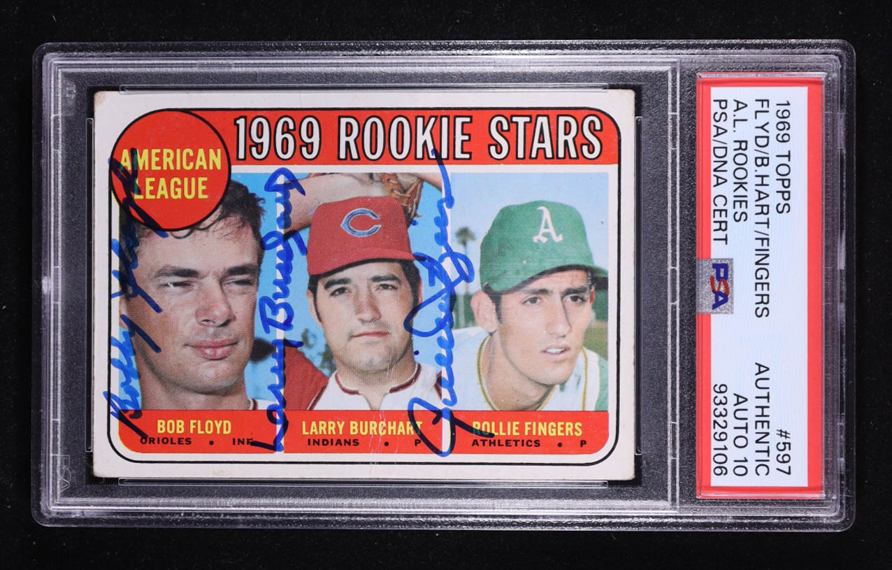 Bob Floyd / Larry Burchart / Rollie Fingers Signed 1969 Topps #597 Rookie Stars RC (PSA Authentic | Autograph Graded 10) at PristineAuction.com Bob Floyd / Larry Burchart / Rollie Fingers Signed 1969 Topps #597 Rookie Stars RC (PSA Authentic | Autograph Graded 10) at PristineAuction.com
