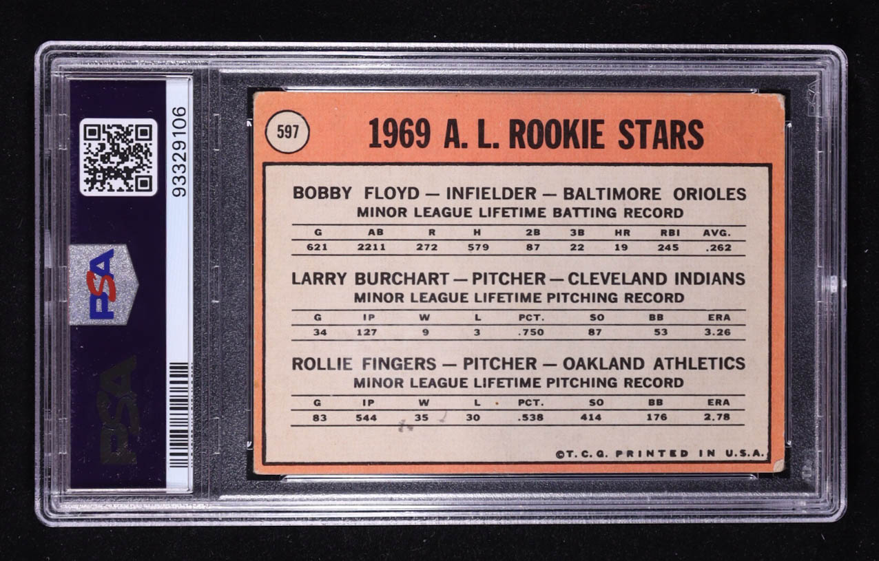 Bob Floyd / Larry Burchart / Rollie Fingers Signed 1969 Topps #597 Rookie Stars RC (PSA Authentic | Autograph Graded 10) at PristineAuction.com Bob Floyd / Larry Burchart / Rollie Fingers Signed 1969 Topps #597 Rookie Stars RC (PSA Authentic | Autograph Graded 10) at PristineAuction.com