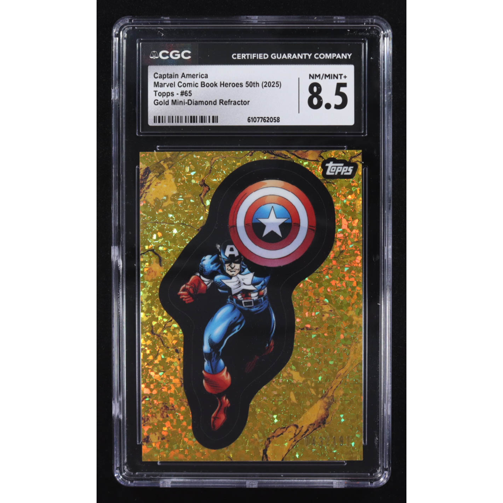Captain America 2025 Topps Marvel Comic Book Heroes 50th Gold Mini-Diamond Refractor #65 #043/199 (CGC 8.5) at PristineAuction.com