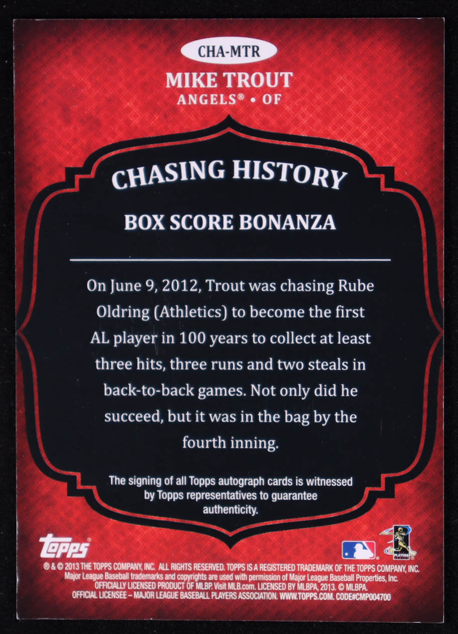 Mike Trout 2013 Topps Chasing History Autographs #MTR at PristineAuction.com Mike Trout 2013 Topps Chasing History Autographs #MTR at PristineAuction.com
