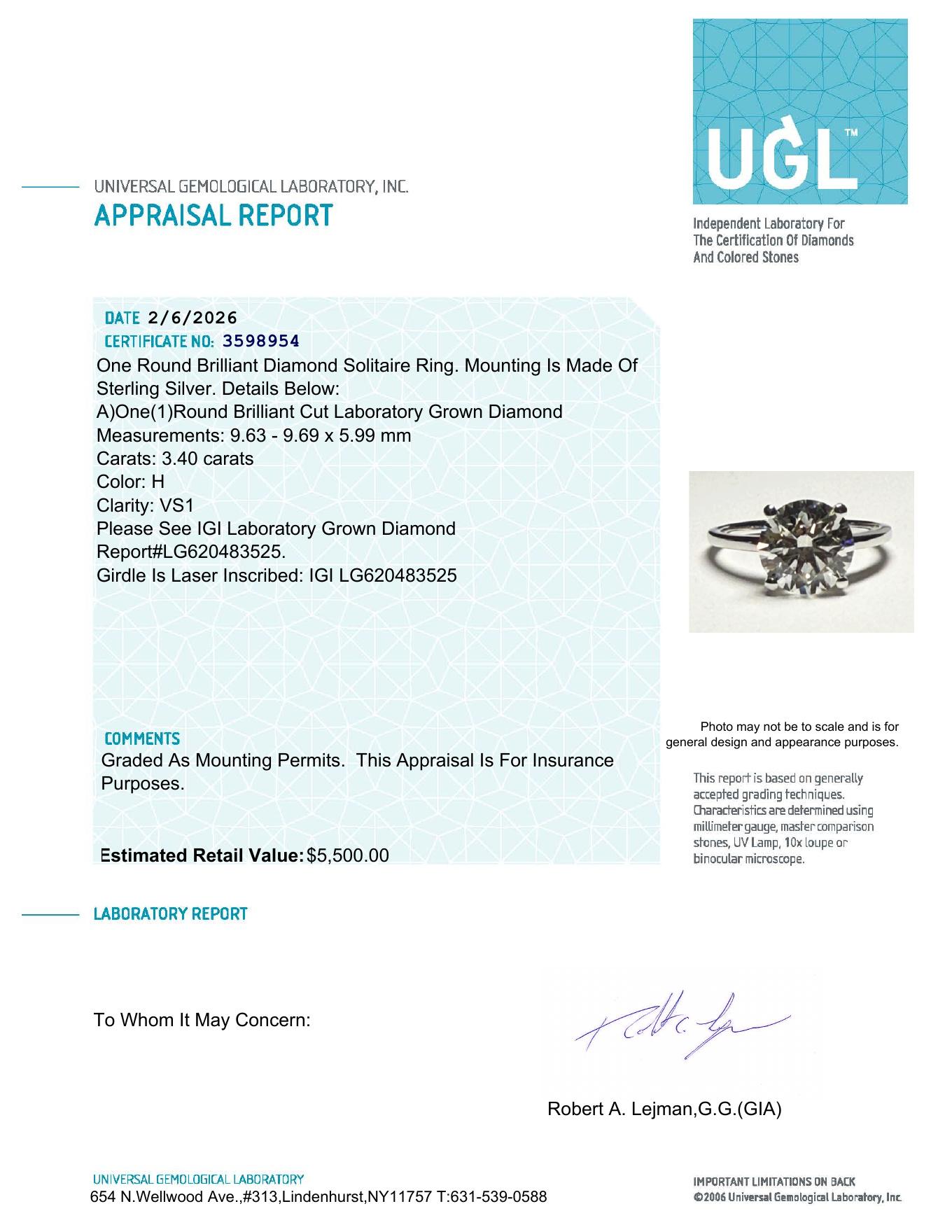 3.40 Carats Lab Grown Diamond Ring H, VS1 | $5,500 Estimated Retail Value (UGL & IGI Certs) | Brand New at PristineAuction.com 3.40 Carats Lab Grown Diamond Ring H, VS1 | $5,500 Estimated Retail Value (UGL & IGI Certs) | Brand New at PristineAuction.com
