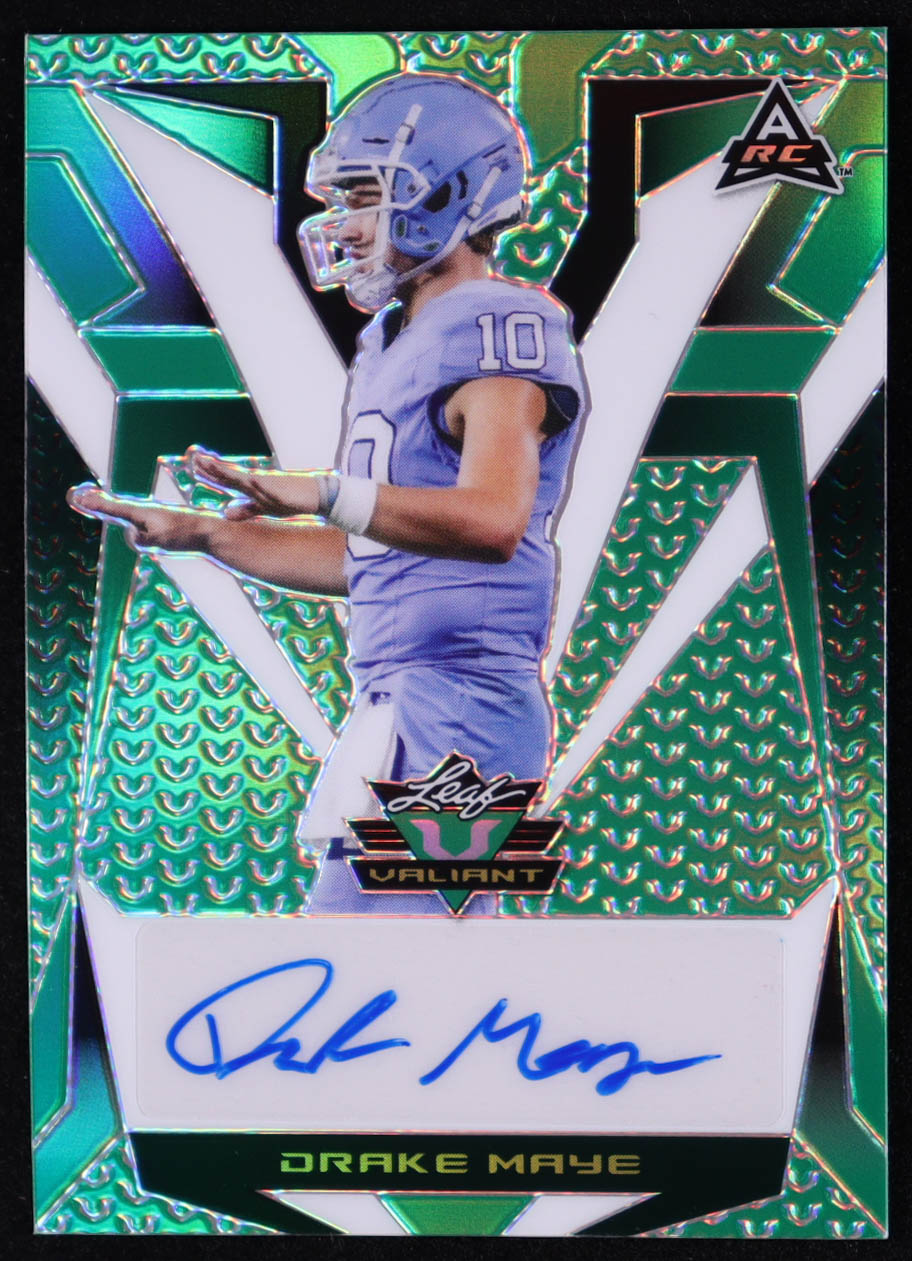 Drake Maye 2023 Leaf Eclectic Valiant Autographs Prismatic Green #VADM1 #1/5 RC at PristineAuction.com Drake Maye 2023 Leaf Eclectic Valiant Autographs Prismatic Green #VADM1 #1/5 RC at PristineAuction.com