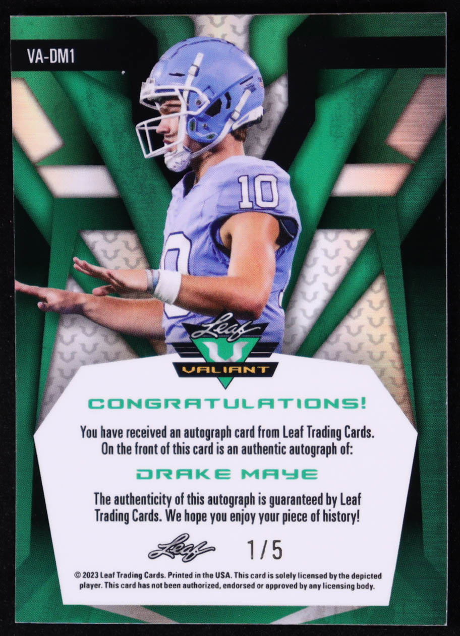 Drake Maye 2023 Leaf Eclectic Valiant Autographs Prismatic Green #VADM1 #1/5 RC at PristineAuction.com Drake Maye 2023 Leaf Eclectic Valiant Autographs Prismatic Green #VADM1 #1/5 RC at PristineAuction.com