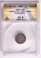 Mint Error 1854 Seated Liberty Dime Curved Clip 2.29 Grams (ANACS VG08 Details) at PristineAuction.com