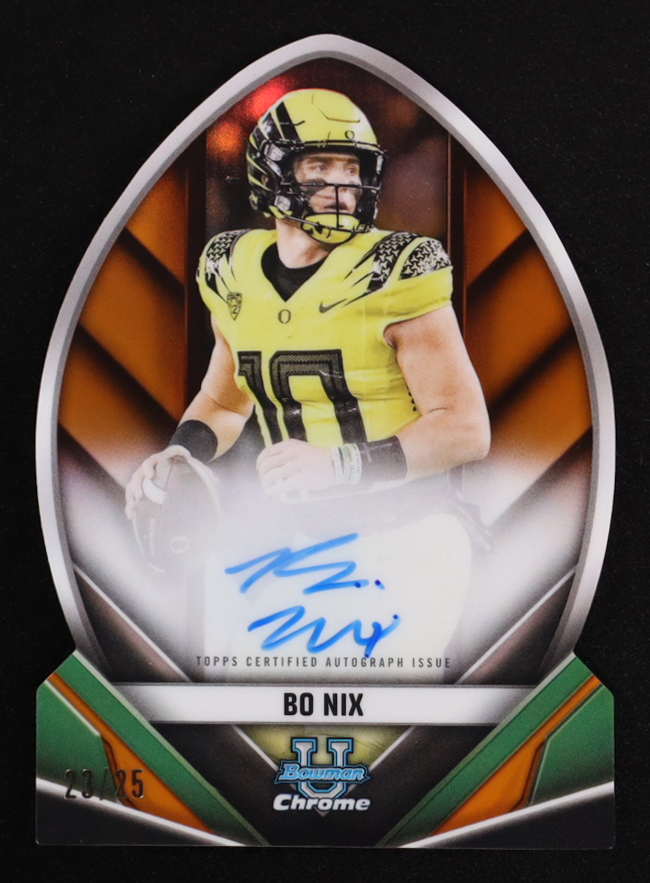 Bo Nix 2023 Bowman Chrome University Future of Football Autographs Orange Refractors #FOFABN #23/25 RC at PristineAuction.com Bo Nix 2023 Bowman Chrome University Future of Football Autographs Orange Refractors #FOFABN #23/25 RC at PristineAuction.com