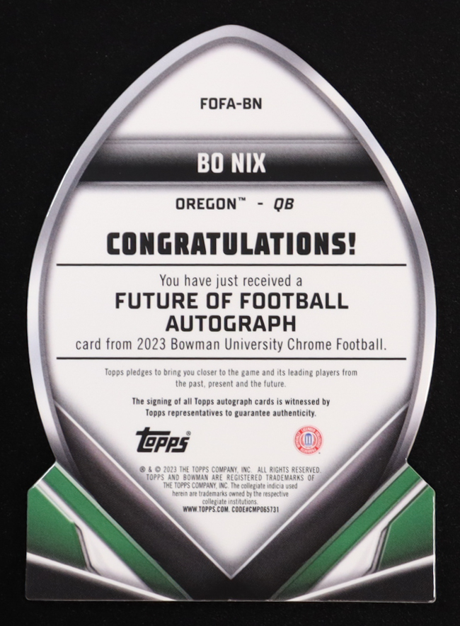 Bo Nix 2023 Bowman Chrome University Future of Football Autographs Orange Refractors #FOFABN #23/25 RC at PristineAuction.com Bo Nix 2023 Bowman Chrome University Future of Football Autographs Orange Refractors #FOFABN #23/25 RC at PristineAuction.com
